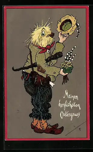 Künstler-AK Osterküken als Landstreicher
