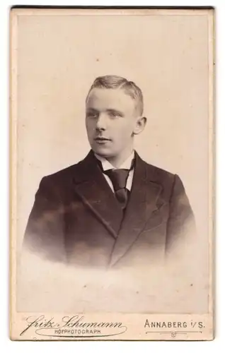Fotografie Fritz Schumann, Annaberg i /S., Johannesgasse, Junger Herr im Anzug mit Krawatte