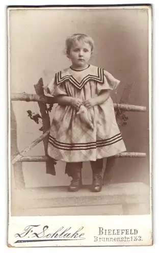Fotografie F. Schlake, Bielefeld, Brunnenstrasse 1 & 3, Kleines Mädchen im übergrossen Kleid mit Stofftier