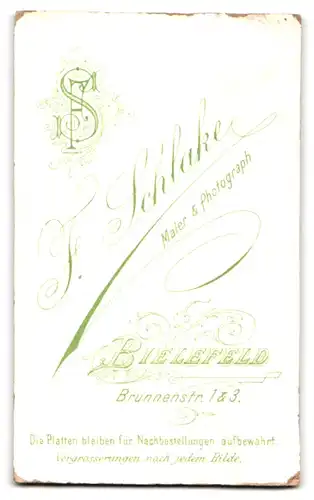 Fotografie F. Schlake, Bielefeld, Brunnenstrasse 1 & 3, Kleines Mädchen im übergrossen Kleid mit Stofftier