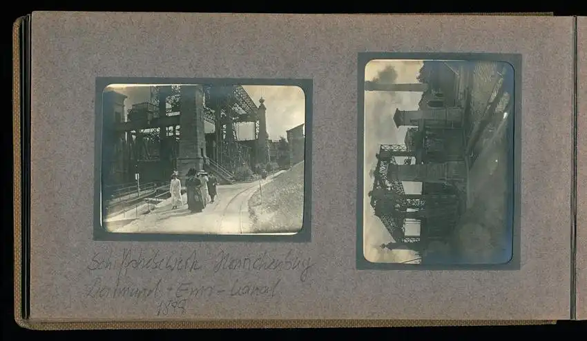 Fotoalbum mit 94 Fotografien, Reisealbum Lt. d.R. Georg F. Sieland, Hundedressur, Schiffshebewerk Dortmund, Luisentempel 32