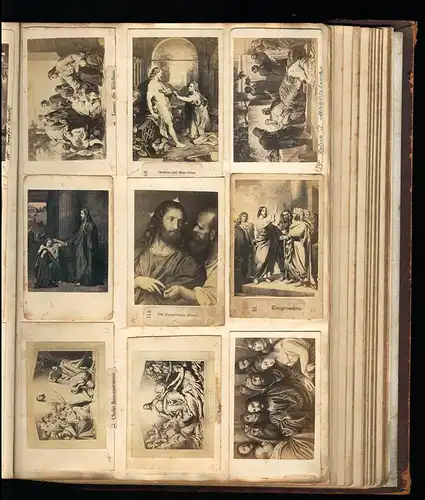 Fotoalbum mit 148 CDV Fotografien, Religion, künstlerisch dargestellte Bibelszenen, Jesus Christus, Moses, Madonna