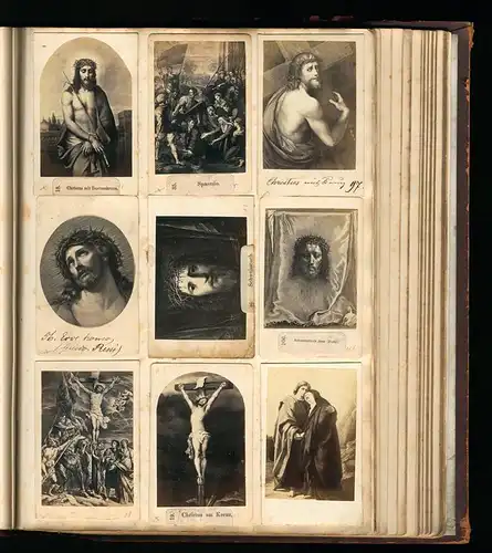Fotoalbum mit 148 CDV Fotografien, Religion, künstlerisch dargestellte Bibelszenen, Jesus Christus, Moses, Madonna
