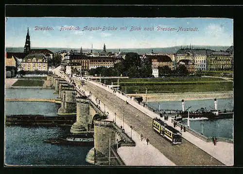 AK Dresden, Friedrich-August-Brücke mit Blick nach Neustadt