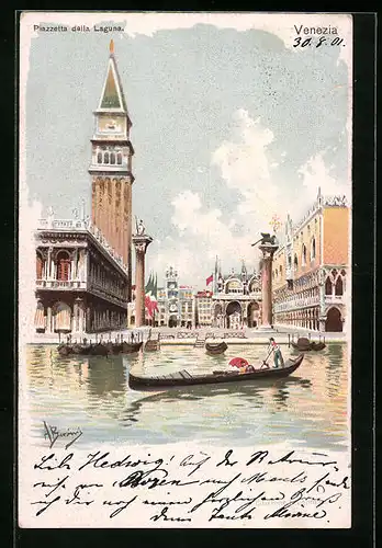 Lithographie Venezia, Gondelfahrerende Menschen
