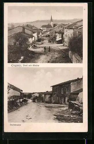 AK Cogney, Dorf mit Kirche und Dorfstrasse