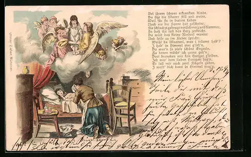 Lithographie Trauernde Mutter am Sterbebett ihrer kleinen Tochter, Vergänglichkeit