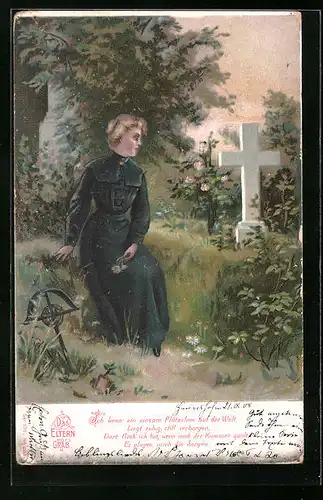 Künstler-AK Blonde Schönheit beim Besuch des Elterngrabes