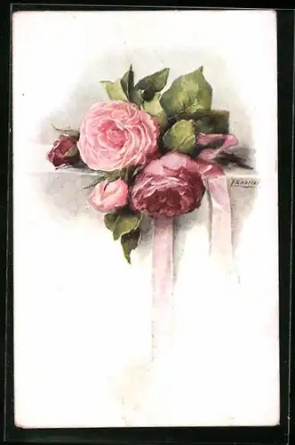 Künstler-AK M. Munk Nr. 1317: Rote Rosen auf einem Tisch