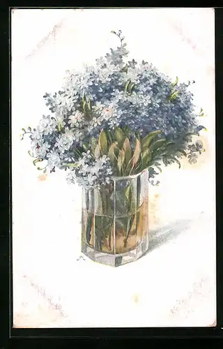 Künstler-AK M. Munk Nr. 1317: Blaue Blumen in einer Glasvase