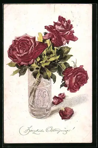 Künstler-AK M. Munk Nr. 1317: Rote Rosen in einer Vase