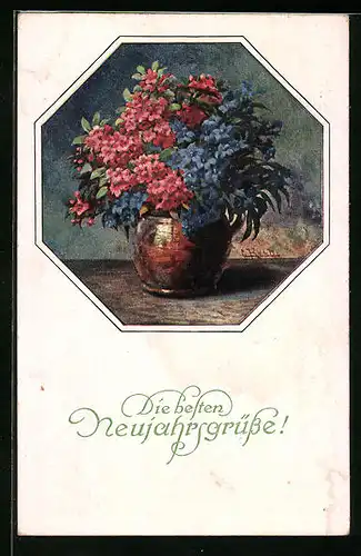 Künstler-AK M. Munk Nr. 1213: Blumenstrauss in kupferner Vase