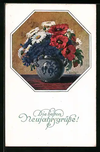 Künstler-AK M. Munk Nr. 1213: Weiss-roter Blumenstrauss in Tonvase