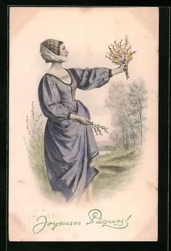 Künstler-AK M. Munk Nr. 672: Junge Frau im blauen Kleid mit Blumenstrauss