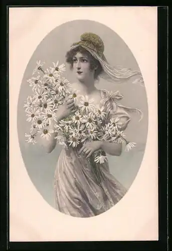 Künstler-AK M. Munk Nr. 530: Junge Frau mit Gänseblümchen im Arm