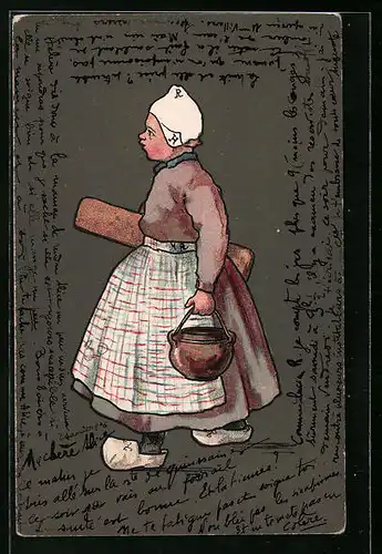 Künstler-AK M. Munk Nr. 189: Frau in Holzschuhen mit Kupferkessel
