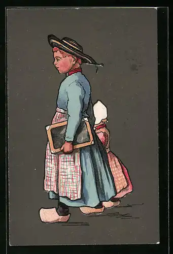 Künstler-AK M. Munk Nr. 189: Schülerin in Holzschuhen mit Schreibtafel
