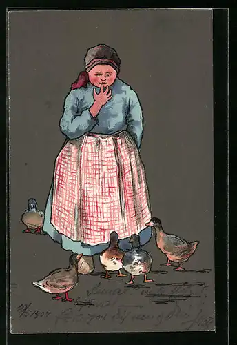 Künstler-AK M. Munk Nr. 189: Frau in Schürze füttert Enten