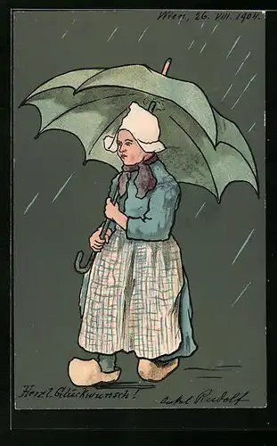 Künstler-AK M. Munk Nr. 189: Mädchen in Holzschuhen mit Regenschirm