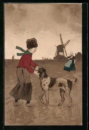 Künstler-AK M. Munk Nr. 207: Junge in niederländischer Tracht spielt mit Hund
