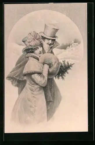 Künstler-AK M. Munk Nr. 156: Paar vor verschneiter Landschaft mit Tannenbäumchen