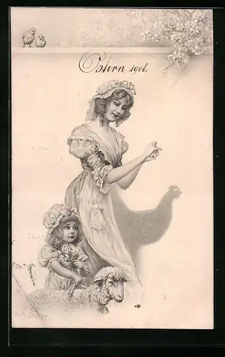 Künstler-AK M. Munk Nr. 213: Ostern 1908 - Junge Frau und Mädchen mit Lamm an Halsband
