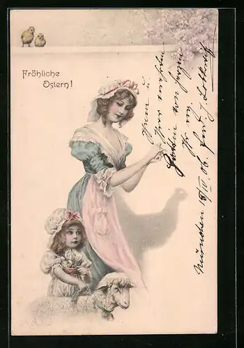 Künstler-AK M. Munk Nr. 213: Junge Frau und Mädchen mit Lamm