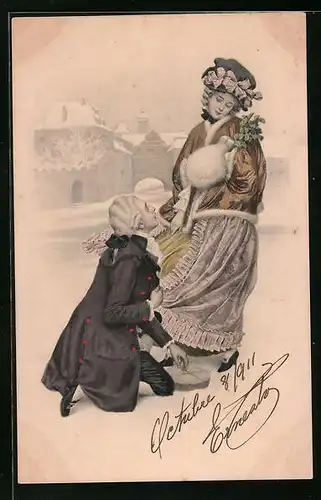 Künstler-AK M. Munk Nr. 594: Mann mit Geschenk kniet vor Dame