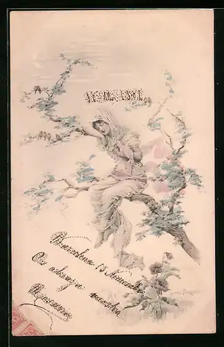 Künstler-AK M. Munk: Nymphe, auf einem Ast sitzend