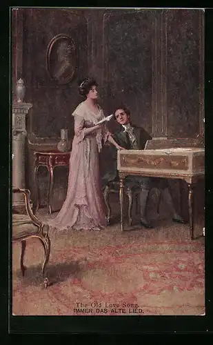 Künstler-AK M. Munk Nr. 850B: Klavierspielender junger Mann und Dame mit Noten