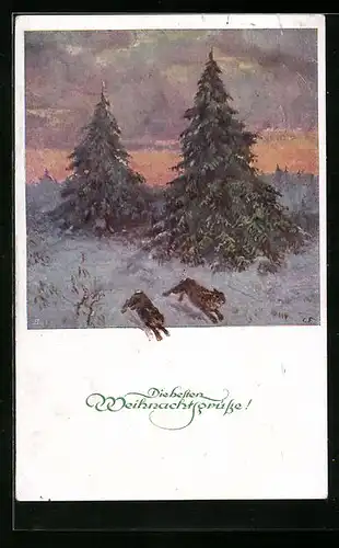 Künstler-AK M. Munk Nr. 1273: Weihnachtsgruss mit rennenden Hasen im Winterwald
