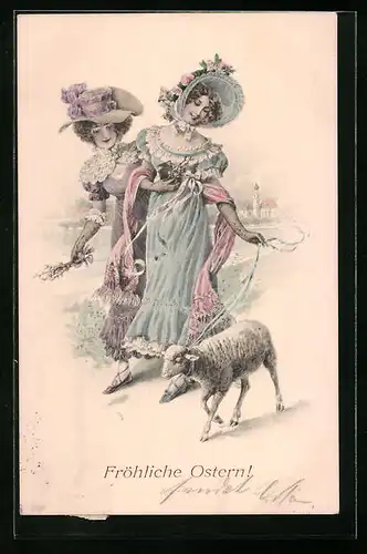 Künstler-AK M. Munk Nr. 179: Zwei Damen beim Osterspaziergang mit einem Lamm