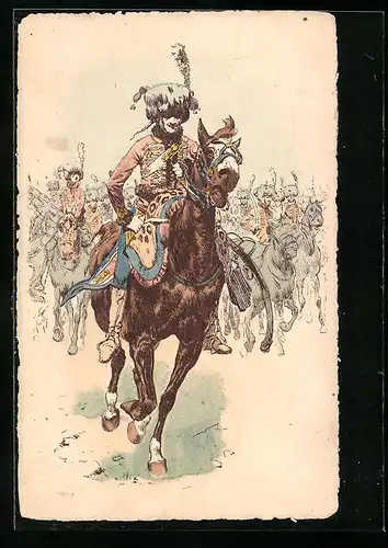 Künstler-AK M. Munk Nr. 66: Husaren in Uniform im leichten Galopp