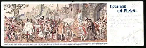 Klapp-AK Prag / Praha, Pozdrav od Fleku, Festzug am Stadttor