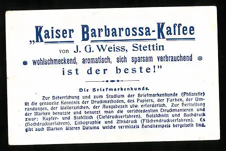 Sammelbild J. G. Weiss, Kaiser Barbarossa-Kaffee, Post in Ungarn