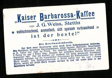 Sammelbild J. G. Weiss, Kaiser Barbarossa-Kaffee, Post in Peru