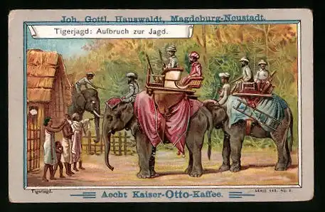 Sammelbild J. G. Hauswaldt, Aecht Kaiser-Otto-Kaffee, Tierjagd mit Elefanten