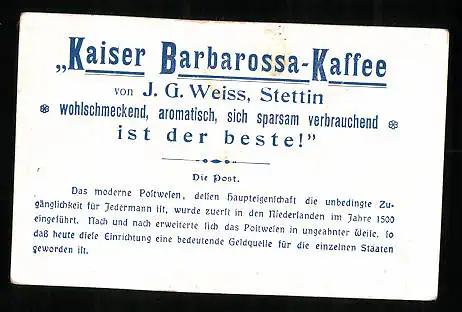 Sammelbild J. G. Weiss, Kaiser Barbarossa-Kaffee, Post in Anam