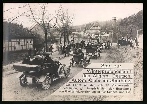 Riesen-AK ADAC-Winterprüfungsfahrt im Oberharz, Autos mit Schneeketten am Start