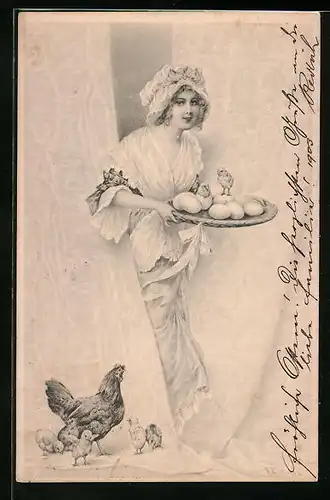 Künstler-AK Wichera, M. Munk Nr. 138: Mädchen mit schlüpfenden Osterküken auf einem Tablett
