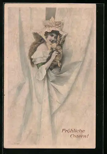 Künstler-AK Wichera, M. Munk Nr. 138: Mädchen hält den Osterhasen im Arm