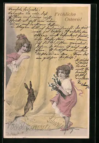 Künstler-AK Wichera, M. Munk Nr. 138: Zwei Mädchen mit dem Osterhasen
