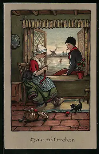 Künstler-AK Ethel Parkinson: Niederländ. Hausmütterchen beim Stricken
