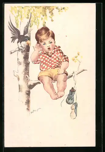 Künstler-AK Hilla Peyk: Knabe auf Baum mit Krähe