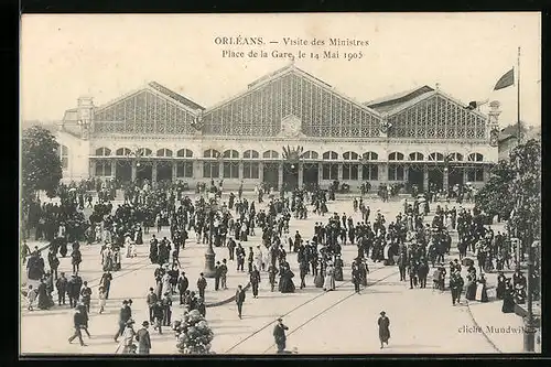 AK Orléans, Visite des Ministres, Place de la Gare 1905, Bahnhof