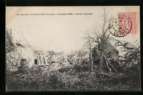 AK Cravant, Le Cyclone 1905, Ferme détruite, Unwetter