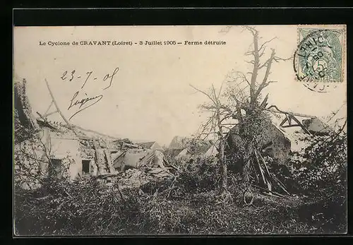 AK Cravant, Le Cyclone 1905, Ferme détruite, Unwetter