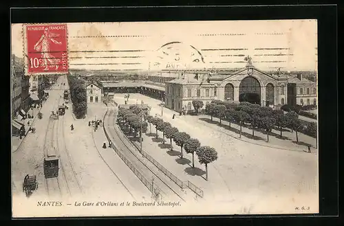 AK Nantes, La gare d`Orléans et les Boulevard Sébastopol, Bahnhof