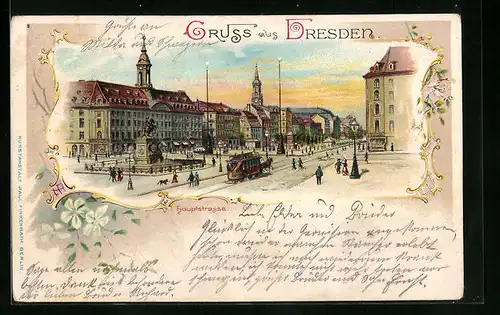 Lithographie Dresden, Hauptstrasse mit Strassenbahn