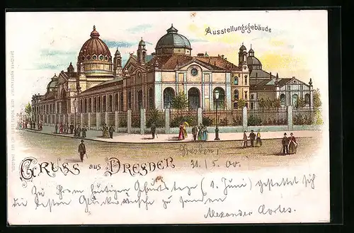Lithographie Dresden, Strassenpartie am Ausstellungsgebäude